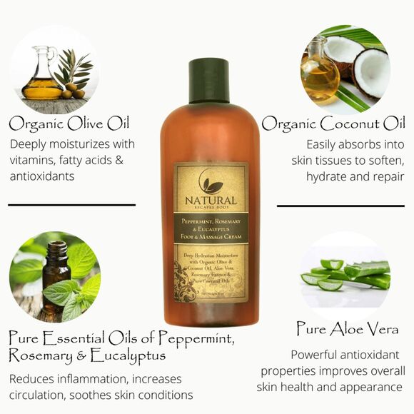 Natural Escapes Body Peppermint, Rosemary & Eucalyptus Massage & Foot Cream 8 oz - Picture 3 of 4
